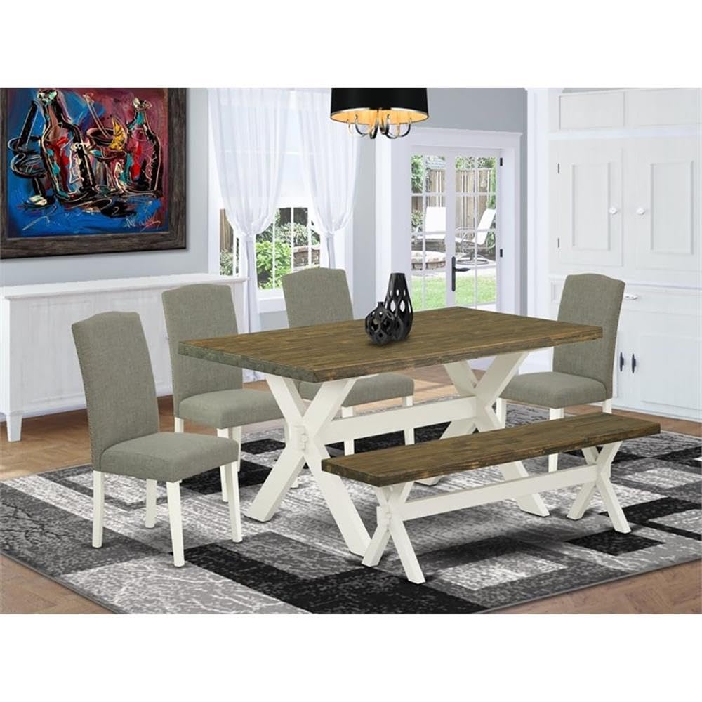 East West Furniture X076En206-6 6 Piece Kitchen Table & Chairs Set Contains A Rectangle Dining Room Table And 4 Dark Shitake Linen Fabric Parson Chairs With A Bench, 36X60 Inch, Multi-Color